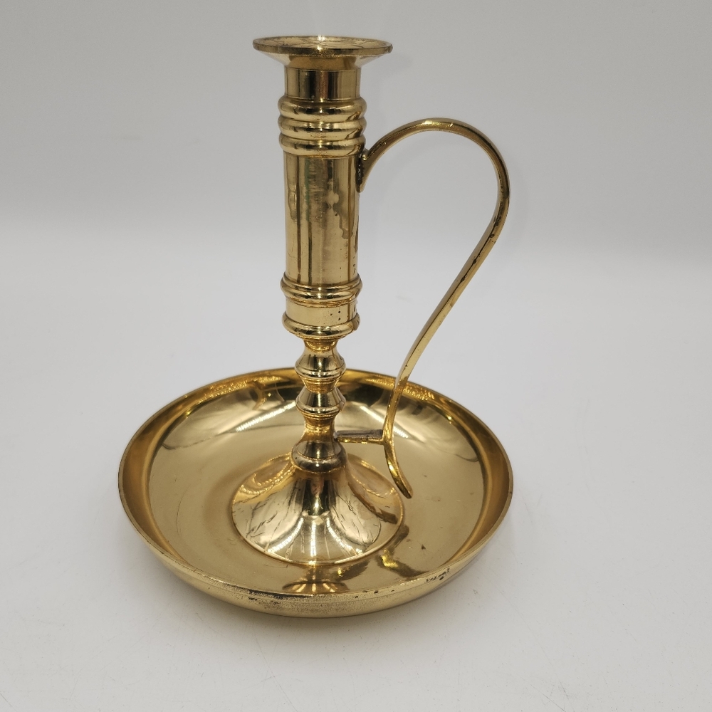 8" Vintage Brass Chamberstick Candlestick Candle Holder drip tray Colonial